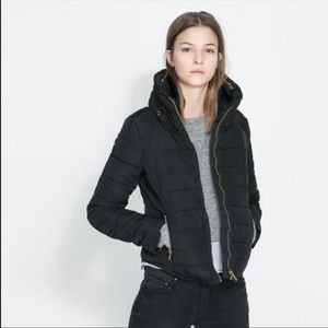 Zara basic navy blue down puffer coat faux fur S